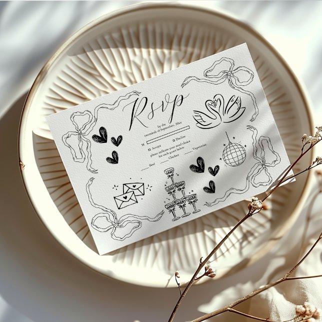 Black and White Whimsical Retro Doodle Art Wedding RSVP Card (Creator Uploaded)