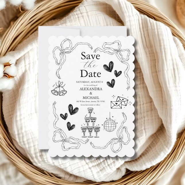 Black and White Whimsical Retro Doodle Art Wedding Save The Date (Creator Uploaded)