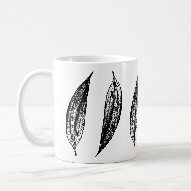 Black and White White Lily Leaf Print Coffee Mug (Left)