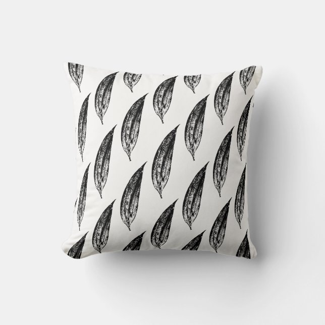 Black and White White Lily Leaf Print Cushion (Front)