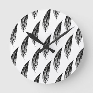 Black and White White Lily Leaf Print Round Clock