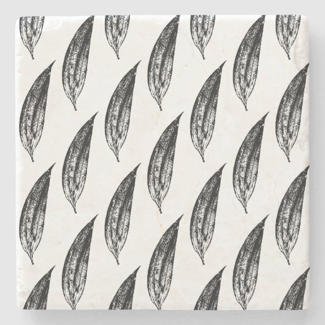 Black and White White Lily Leaf Print Stone Coaster (Front)
