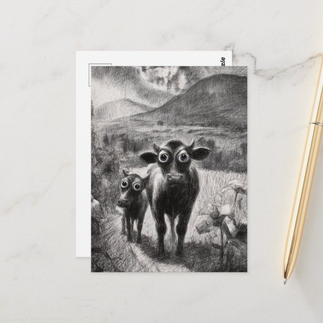 Black and White Wide Eyed Cows Postcard (Front/Back In Situ)