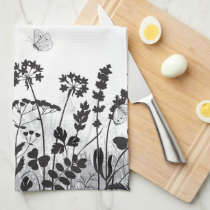 Black and White Wild Flowers  Tea Towel