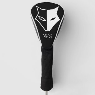 Black and White Wild Fox Head Monogram Initial Golf Head Cover