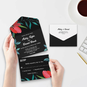 Black And White Wildflower Red Rose Floral Wedding All In One Invitation