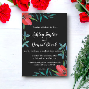 Black And White Wildflower Red Rose Floral Wedding Invitation