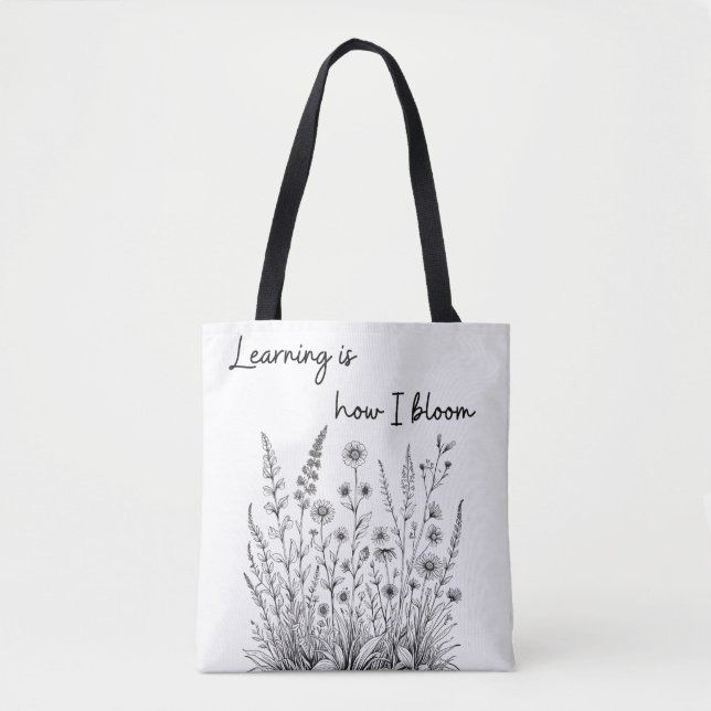 Black and White Wildflowers Blooming Tote Bag (Front)