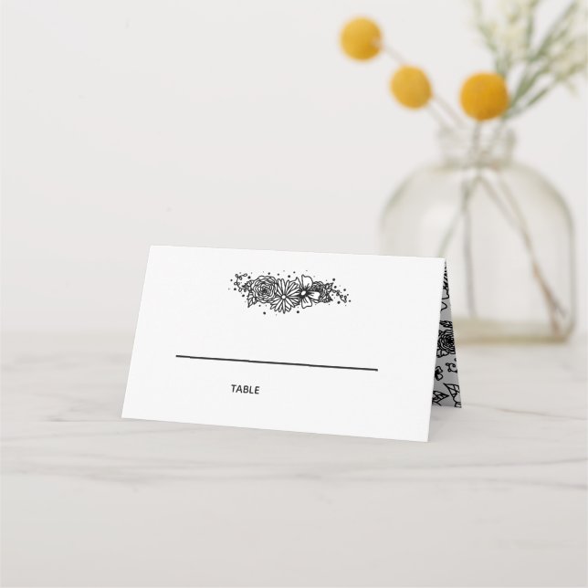 Black and White Wildflowers Folded Place Card (Front)