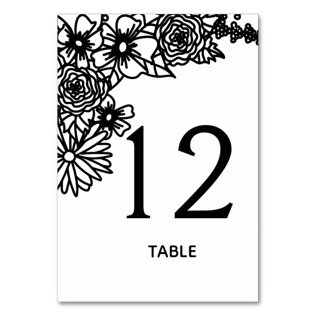 Black and White Wildflowers Wedding Table Number (Front)