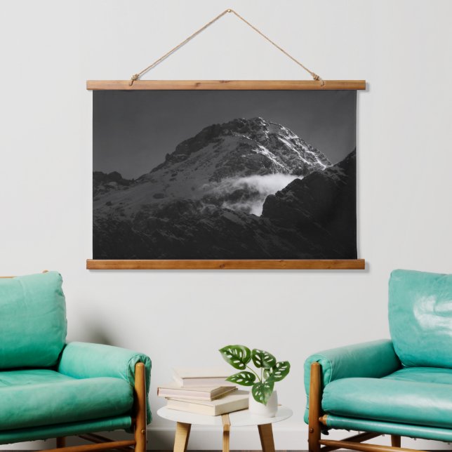 Black and white windy snowy mountain hanging tapestry (Living Room)