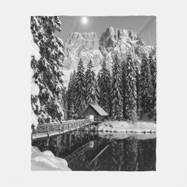 Black and White Winter Mountain Lake Cabin Photo Fleece Blanket (Front)