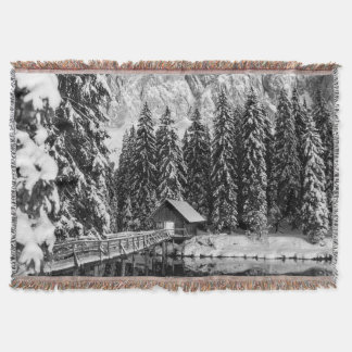 Black and White Winter Mountain Lake Cabin Photo Throw Blanket