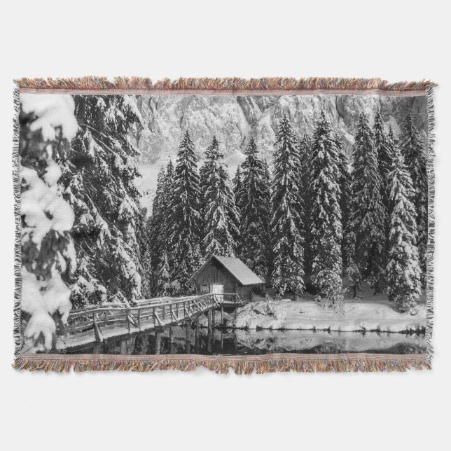Black and White Winter Mountain Lake Cabin Photo Throw Blanket (Front)