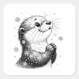 Black and White Winter Otter Square Sticker