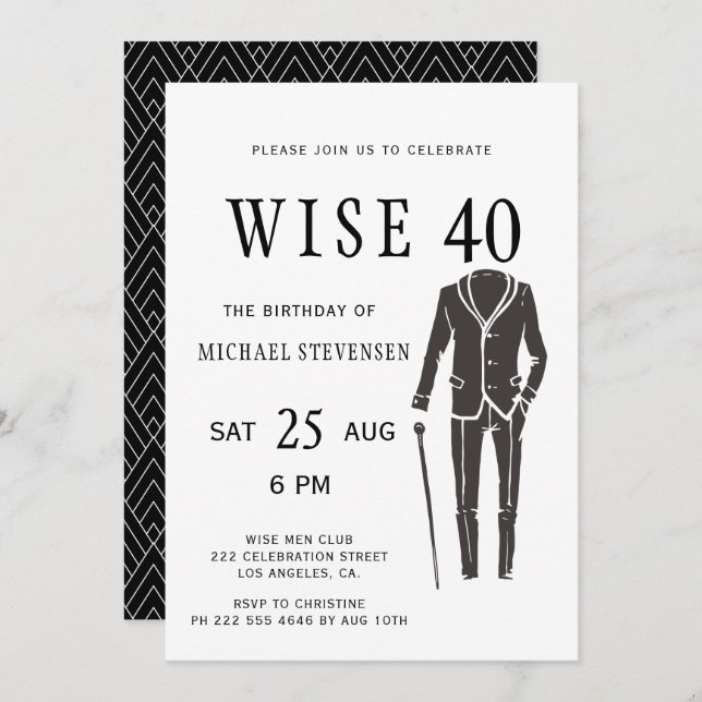 black and white wise 40 man birthday party invitation (Front/Back)