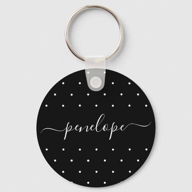 Black and White with Dots and Name Typography Key Ring (Front)