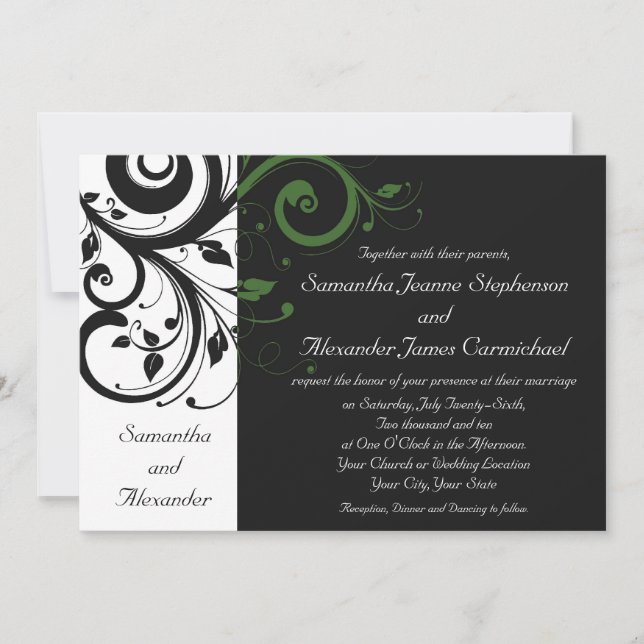 Black and White with Green Swirl Accent Invitation (Front)