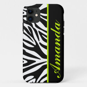 Black and White with Green Zebra Custom Name iPhone 11 Case