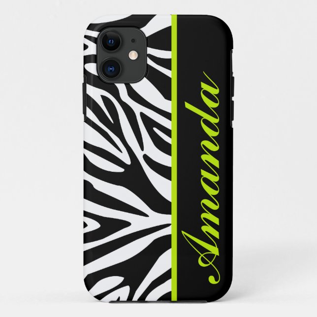 Black and White with Green Zebra Custom Name Case-Mate iPhone Case (Back)