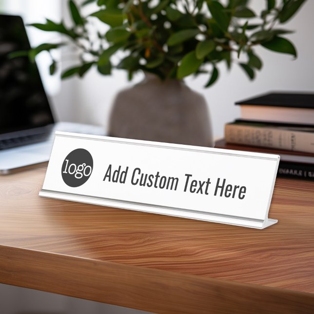 Black and White with Logo Custom Text Desk Name Plate (Custom Name Plate for Desk or Office)