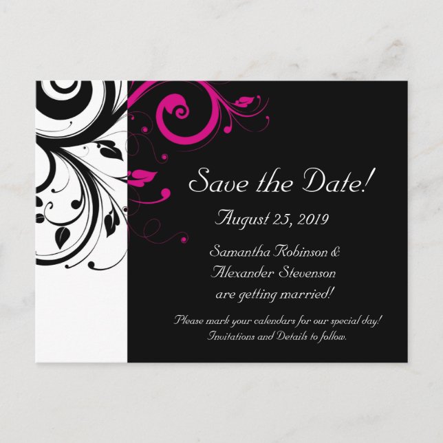 Black and White with Magenta Swirl Save the Date Announcement Postcard (Front)
