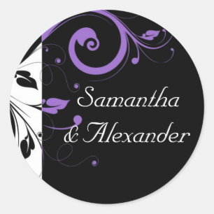 Black and White with Purple Swirl Accent Classic Round Sticker