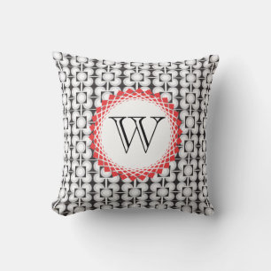Black and White with Red Circle and Monogram Cushion