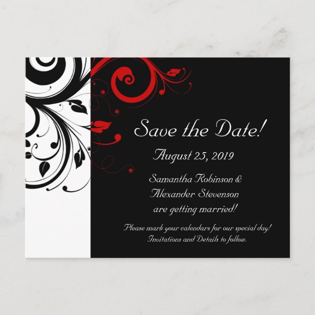 Black and White with Red Reverse Swirl Announcement Postcard (Front)