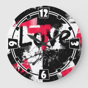 Black and white with red spots love pattern large clock