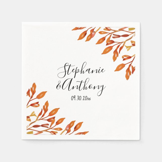 Black and White with Rust Autumn Leaves Wedding Napkin (Front)