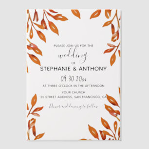 Black and White with Rust Autumn Leaves Wedding Vellum Invitations