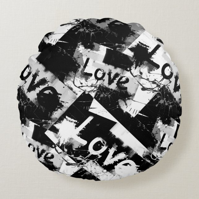 Black and white with spots pattern of love round cushion (Front)