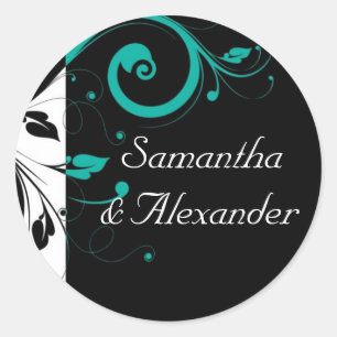 Black and White with Teal Reverse Swirl Classic Round Sticker