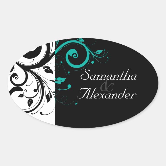 Black and White with Teal Reverse Swirl Oval Sticker (Front)