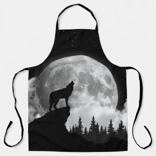 Black and white wolf howling at the moon apron