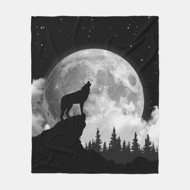 Black and white wolf howling at the moon fleece blanket (Front)