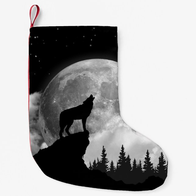 Black and white wolf howling at the moon small christmas stocking (Front)