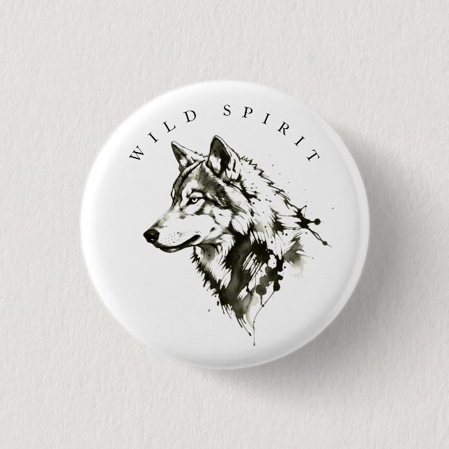 Black and White Wolf Portrait Button  (Front)