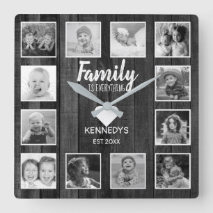 Black And White Wood 12 Photo Collage Family Quote Square Wall Clock