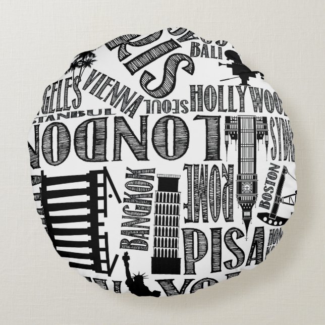 Black and White, World Cities Pillow (Back)