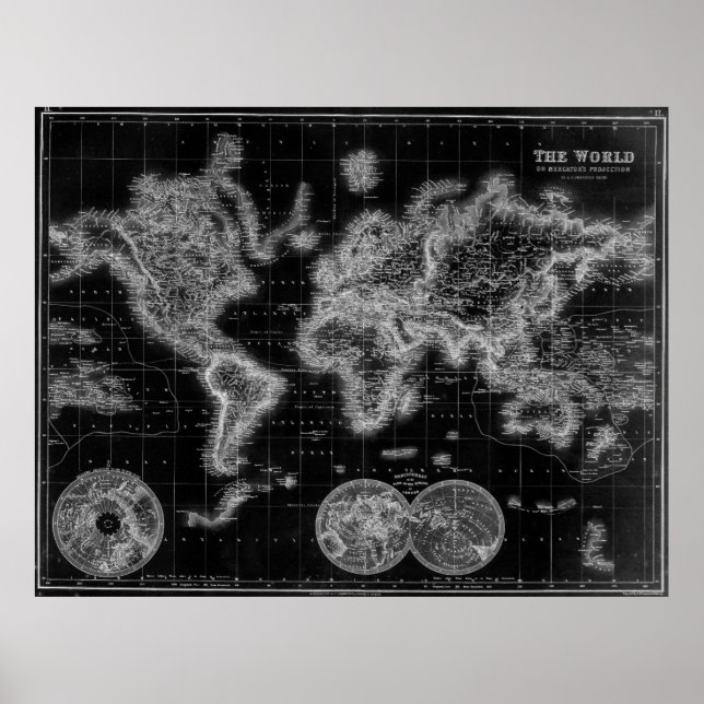 Black and White World Map (1872) Inverse Poster (Front)