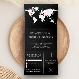 Black and White World Map All in One Wedding Tri-Fold Invitation