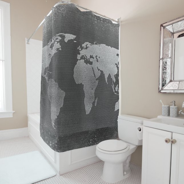 Black and white world map shower curtain (In Situ)