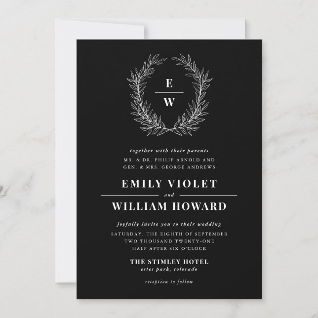 Black and White Wreath Monogram Wedding Invitation (Front)