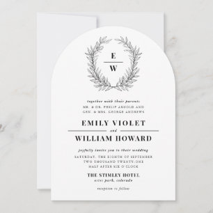 Black and White Wreath Monogram Wedding Invitation