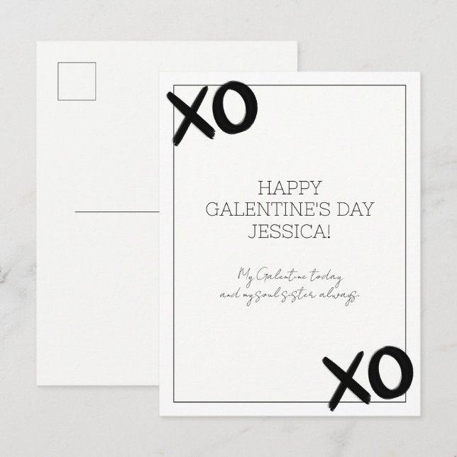 Black and White XOXO Bestie Name Galentine's Day Holiday Postcard (Front/Back)