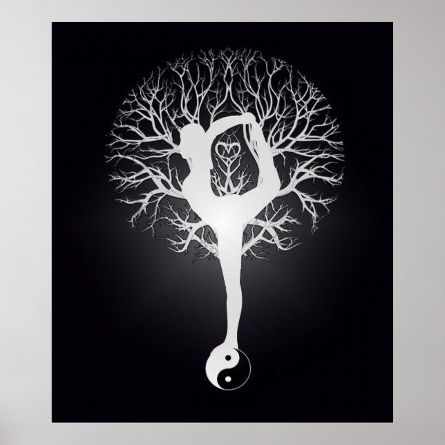 Black and white yoga tree with woman and yin yang. poster (Front)