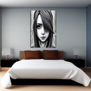 black and white young lady   AI Art Poster
