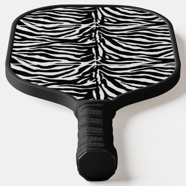 Black and white zebra pattern pickleball paddle (Laydown)